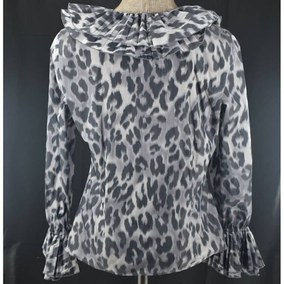 St. John Ruffle Collar Silver Cheetah Print Button Up Top- 8 - Picture 7 of 8